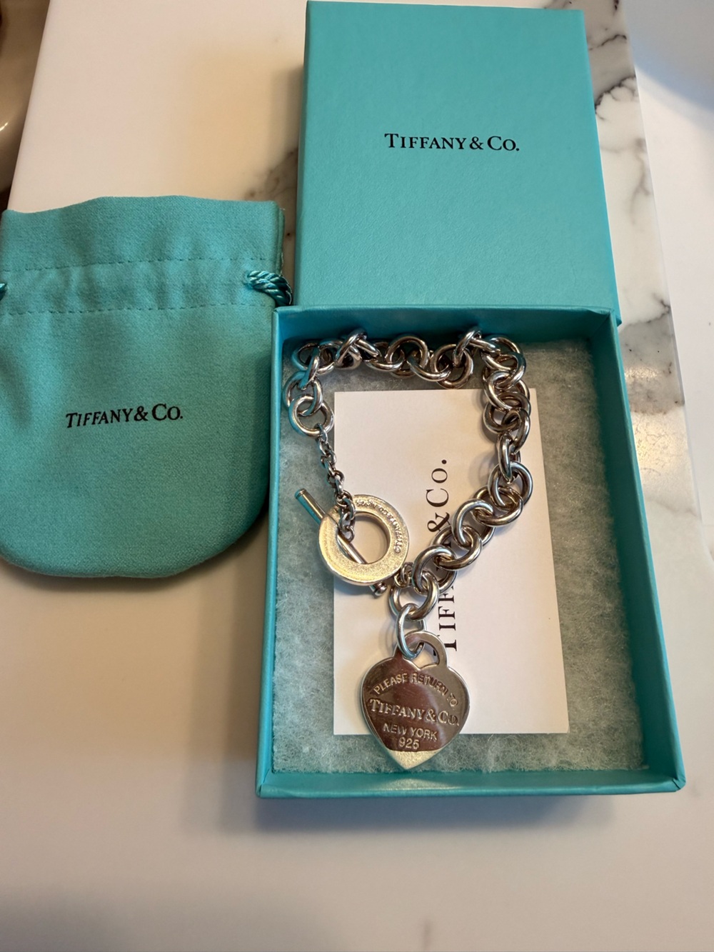 Tiffany & Co. Silver Heart Tag Toggle Bracelet with Blue Pouch
